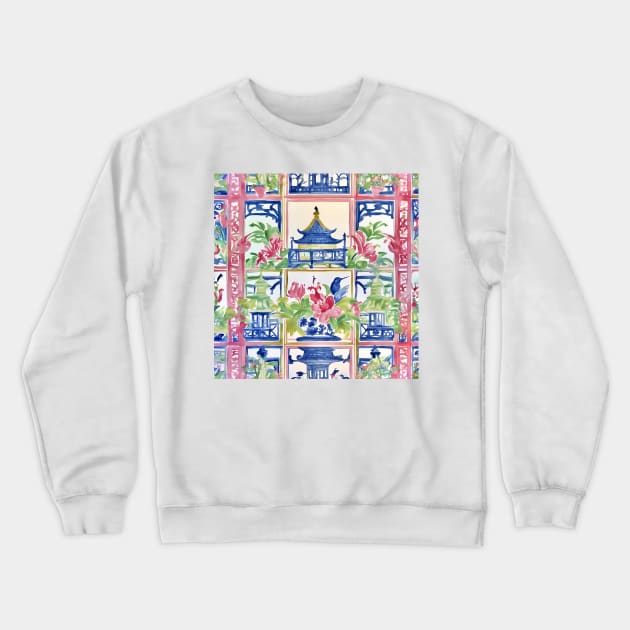 Preppy trellis chinoiserie pagodas, flowers and birds Crewneck Sweatshirt by SophieClimaArt